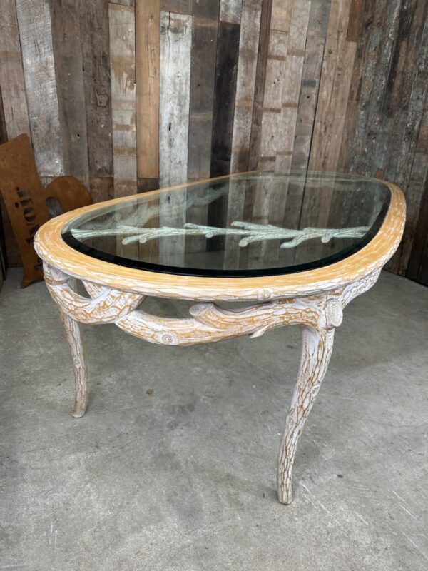 Large Oval Glass Top Beveled Beech Carved Dining Table