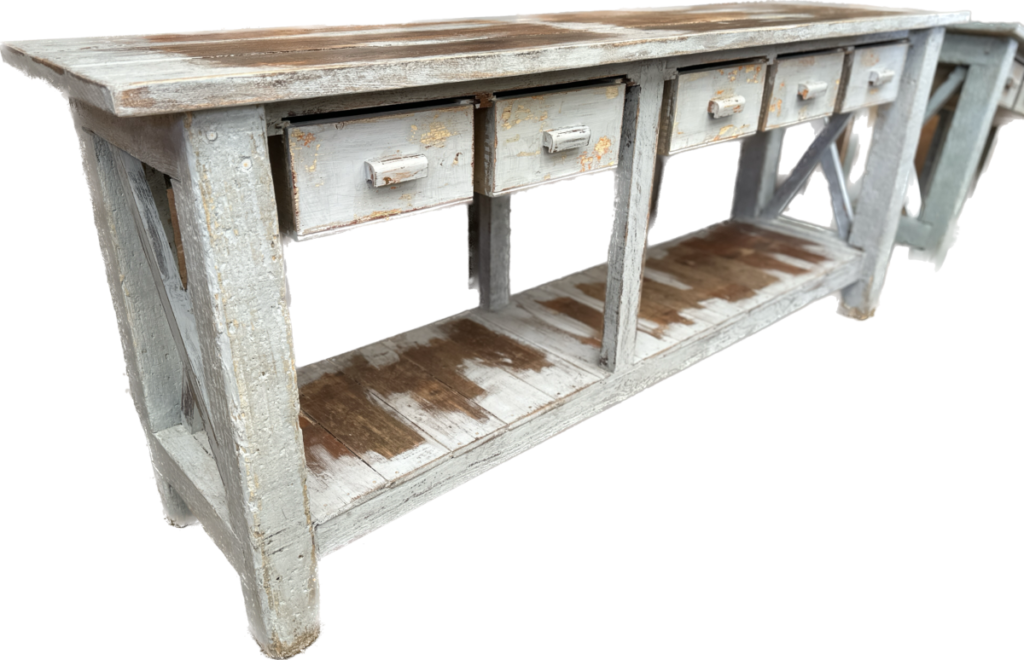 Antique French Pine Industrial Work Bench Kitchen Island Console, c
