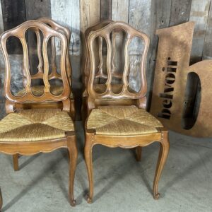 Four French Beech Rush Seated Dining Chairs