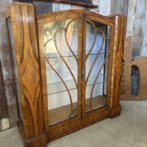 Antique Art Deco Walnut Cloud Display Glazed Cabinet