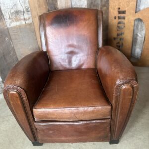 French Leather Brown Art Deco Club Chair