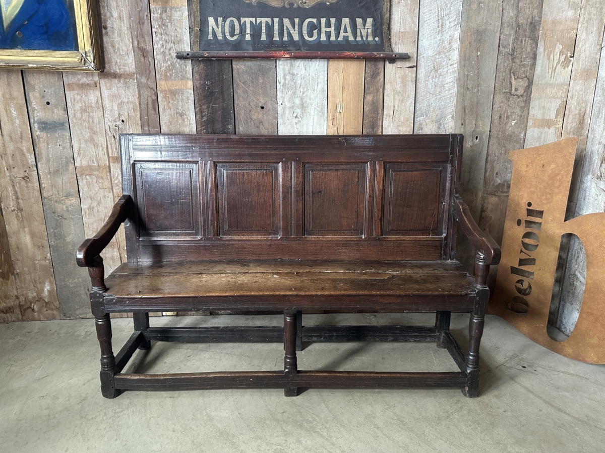 Antique Georgian Oak Panelled Settle Bench, c 1790 - Belvoir