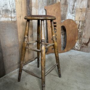 Antique Oak and Leather Tall Victorian Stool