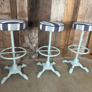Vintage Set Three Cast Iron Blue Based Upholstered Stools