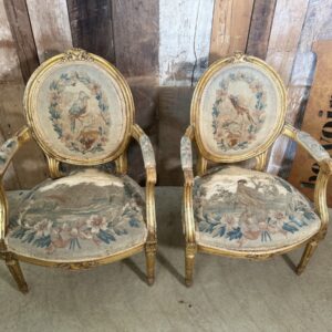 French Louis XVI Gilt and Tapestry Pair Armchairs