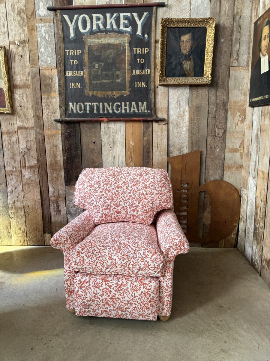 Vintage Large Deep Seated Upholstered Coral Red Pink Country